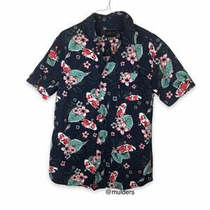 VALOR Hola Atcha Koi Fish Floral Print Mens Button Up Short Sleeve Shirt Small